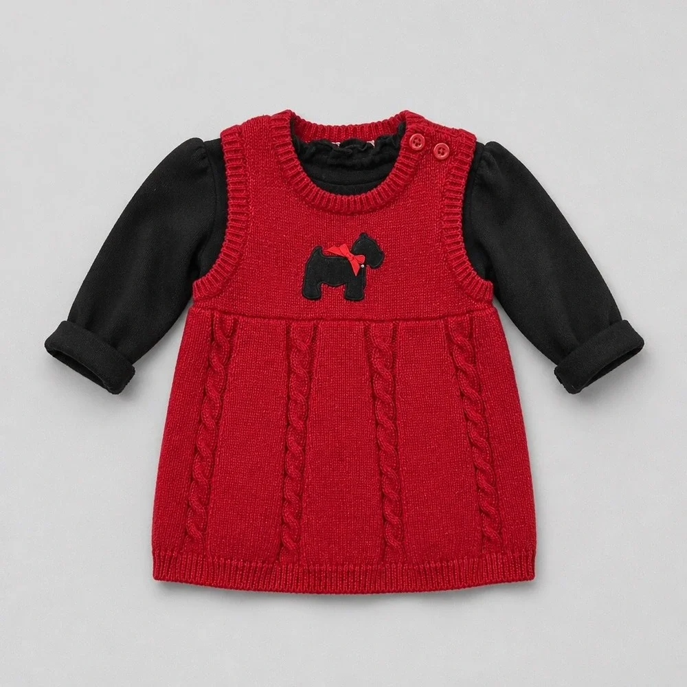 Cherokee Baby Red Cable Knit Scottie Dog Sweater Dress & Black Bodysuit Set NB